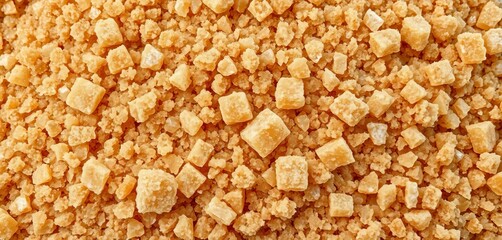 Coarse brown sugar crystals, uneven texture, granulated, light and dark hues,  sweet,  dark