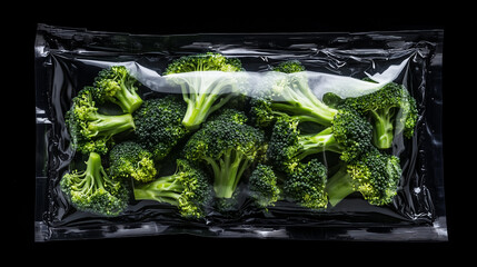 Fresh broccoli packaged for sale in a clear plastic wrapping on a dark background