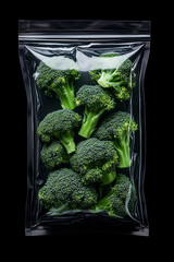 Fresh broccoli kept in a sealed plastic bag on a black background for extended freshness and convenience