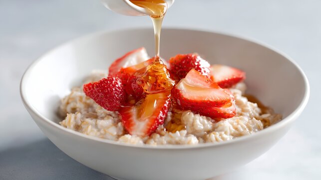 Bowl of oatmeal with strawberries and honey