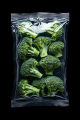 Fresh broccoli florets packaged neatly in a vacuum-sealed bag for convenience and freshness