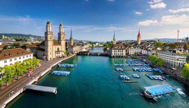 aerial view of zurich city center with river limmat switzerland