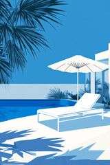 A serene poolside scene featuring a white lounge chair and a large umbrella. Lush palm trees surround the area creating a tropical atmosphere. Flat illustration in blue colors.