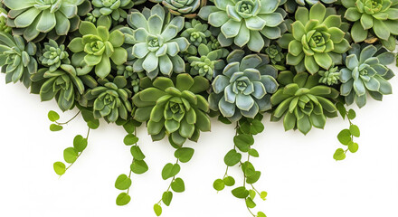 Photo of a dense collection of various green succulents with water droplets, featuring trailing vines cascading down against a clean white background