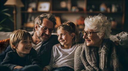 Happy multigenerational family enjoying time together in a cozy. Concept:
Family bonding, warmth, togetherness, and home comfort. Ideal for family life, love, and well-being.