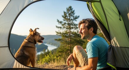 A man and his dog sitting in a tent, enjoying the view of a lake and mountains.