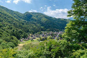 Traditional thatched houses of Shirakawa-go village in rural Japan. Panoramic view