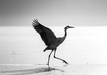 Graceful Heron in Monochrome: Wings Spread, Taking Flight