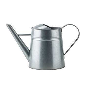 Metallic Silver Watering Can with Spout and Handle Gardening Tool Isolated.