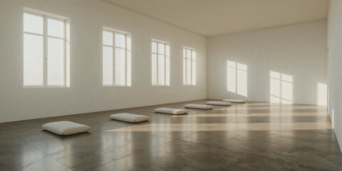 Obraz premium Interior of a bright room with pillows on the floor and sunlight coming through the windows evenly spaced