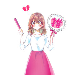 うちわとサイリウムを持って推し活をする女性　怒る　赤　割れたハート