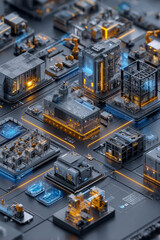 Aerial view of futuristic city with intricate buildings and glowing neon pathways