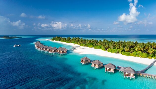 aerial view of maldives island resort luxury beach villas turquoise waters white sand beaches palm trees luxurious tropical paradise perfect for honeymoon destination relaxation adventure escape