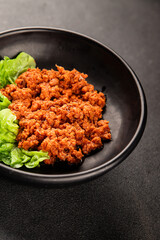 Tuna tomato sauce canned fish seafood fresh delicious gourmet food background on the table rustic food top view copy space keto and paleo diet vegan food pescetarian diet