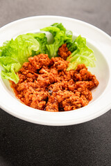 Tuna tomato sauce canned fish seafood fresh delicious gourmet food background on the table rustic food top view copy space keto and paleo diet vegan food pescetarian diet