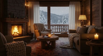 Cozy cabin fireplace winter scene with snow mountain view and warm interior design for holidays season on transparent background