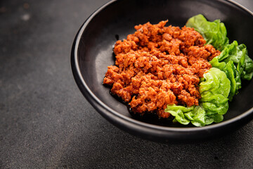 Tuna tomato sauce canned fish seafood fresh delicious gourmet food background on the table rustic food top view copy space keto and paleo diet vegan food pescetarian diet