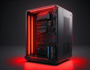Fototapeta premium isolated black destop computer middle size tower with red led rgb light