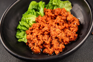 Tuna tomato sauce canned fish seafood fresh delicious gourmet food background on the table rustic food top view copy space keto and paleo diet vegan food pescetarian diet