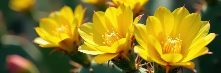 Obraz premium Vibrant yellow prickly pear cactus blossoms close-up , texture, sun