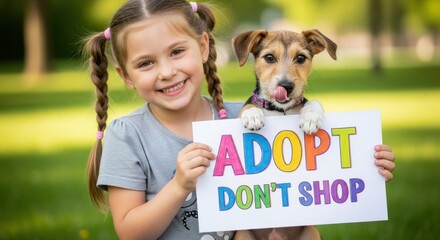 A young girl holding a sign that says 'Adopt Don't Shop' in a park.