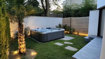 Hot tub in a backyard with a modern house. Tranquil relaxation. Spa usage