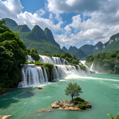 Fototapeta premium Paradise Found: A Majestic Waterfall and Solitary Tree