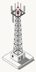Isometric cartoon vector of a high tower with a 5G antenna for call, phone, and internet signal transmission.