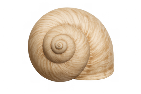 Close-up of an empty, light brown snail shell with a prominent spiral pattern, isolated on a transparent background, perfect for nature-themed projects