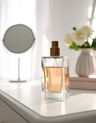 Perfume advertisement, bottle and minimalism: Documentary-style image of perfume bottle on minimalist vanity table, natural morning lighting, uncluttered scene --ar 16:9