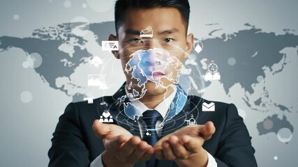 Man holding digital globe overlay with map background. Concept future. - Powered by Adobe