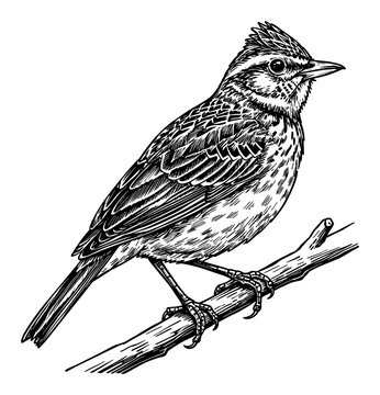 Detailed Lark Bird Perched on a Branch Black and White Outline Line Art Drawing Vintage Engraving Style Isolated