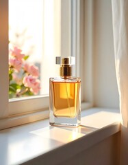 Perfume advertisement, bottle and minimalism: Documentary photograph of a perfume bottle on a windowsill, soft morning light.