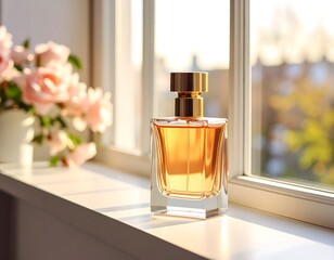 Perfume advertisement, bottle and minimalism: Documentary photograph of a perfume bottle on a windowsill, soft morning light.