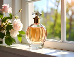 Perfume advertisement, bottle and minimalism: Documentary photograph of a perfume bottle on a windowsill, soft morning light.