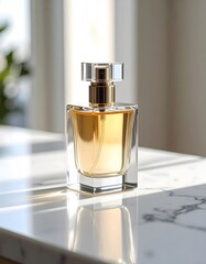 Perfume advertisement, bottle and minimalism: Documentary-style close-up of a luxury perfume bottle on a marble surface, minimalism in composition.