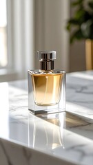 Perfume advertisement, bottle and minimalism: Documentary-style close-up of a luxury perfume bottle on a marble surface, minimalism in composition.