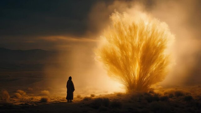 Moses stands before a burning bush at dusk, witnessing a divine encounter in a desert landscape