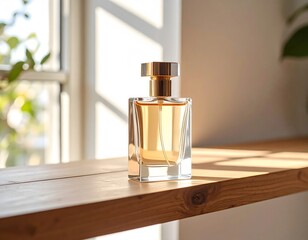 Perfume advertisement, bottle and minimalism: Documentary-style image of a perfume bottle standing on a wooden shelf, natural window light casting soft shadows.