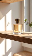 Perfume advertisement, bottle and minimalism: Documentary-style image of a perfume bottle standing on a wooden shelf, natural window light casting soft shadows.