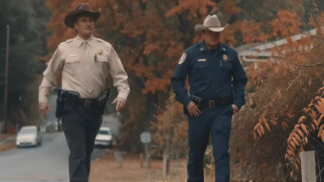 Two law enforcement officers patrolling rural autumn street. Small town sheriff and deputy walking on road with fall foliage. Community policing in countryside concept.