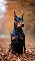 Majestic doberman pinscher in autumnal forest scene capturing the essence of fall beauty