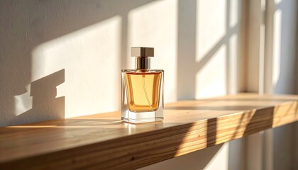 Perfume advertisement, bottle and minimalism: Documentary-style image of a perfume bottle standing on a wooden shelf, natural window light casting soft shadows.