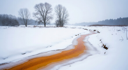 Photo of a serene winter landscape unfolds with a snowcovered field, bare trees, and a winding orangetinted stream flowing through the icy terrain