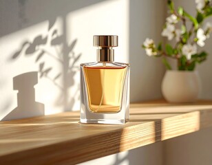 Perfume advertisement, bottle and minimalism: Documentary-style image of a perfume bottle standing on a wooden shelf, natural window light casting soft shadows.