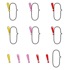 カラフルなビックリマークの右口で縦長で楕円の吹き出しセット