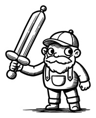 Fototapeta premium Funny Cartoon Character Holding Large Inflatable Balloon Sword Black and White Outline Line Art Drawing