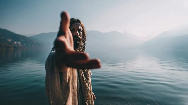 Jesus extends his hand over a serene lake surrounded by misty mountains at dawn
