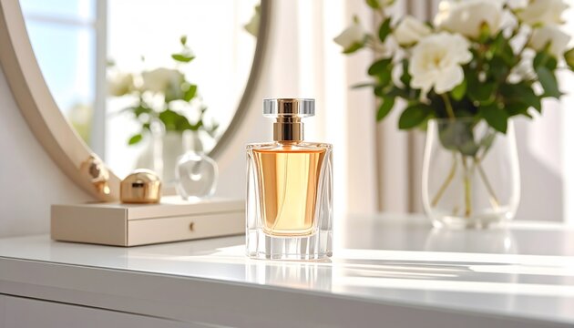 Perfume advertisement, bottle and minimalism: Documentary-style image of perfume bottle on minimalist vanity table, natural morning lighting, uncluttered scene --ar 16:9