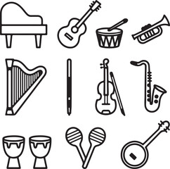 Obraz premium Collection of Musical Instruments Piano, Guitar, Drums, Trumpet, Harp, Flute, Violin, Saxophone, Bongos, Maracas, and Banjo